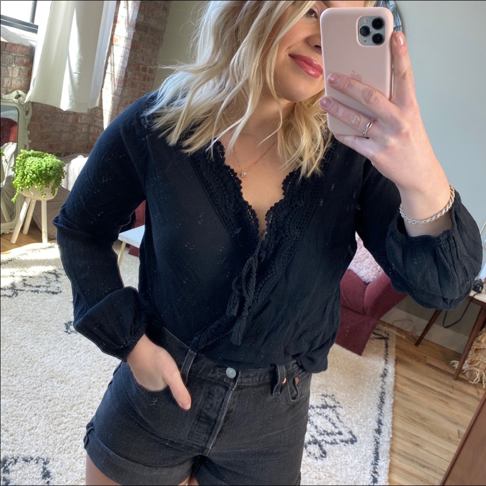 Hollister navy blue lace tie front shirt top - Picture 3 of 7